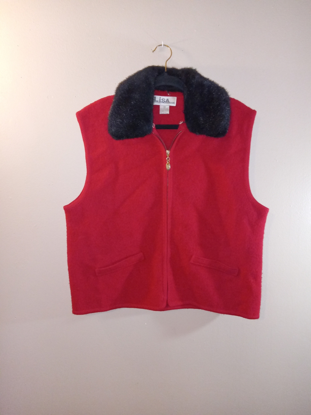 Lisa International Vintage Red Vest with Black Faux Fur Collar